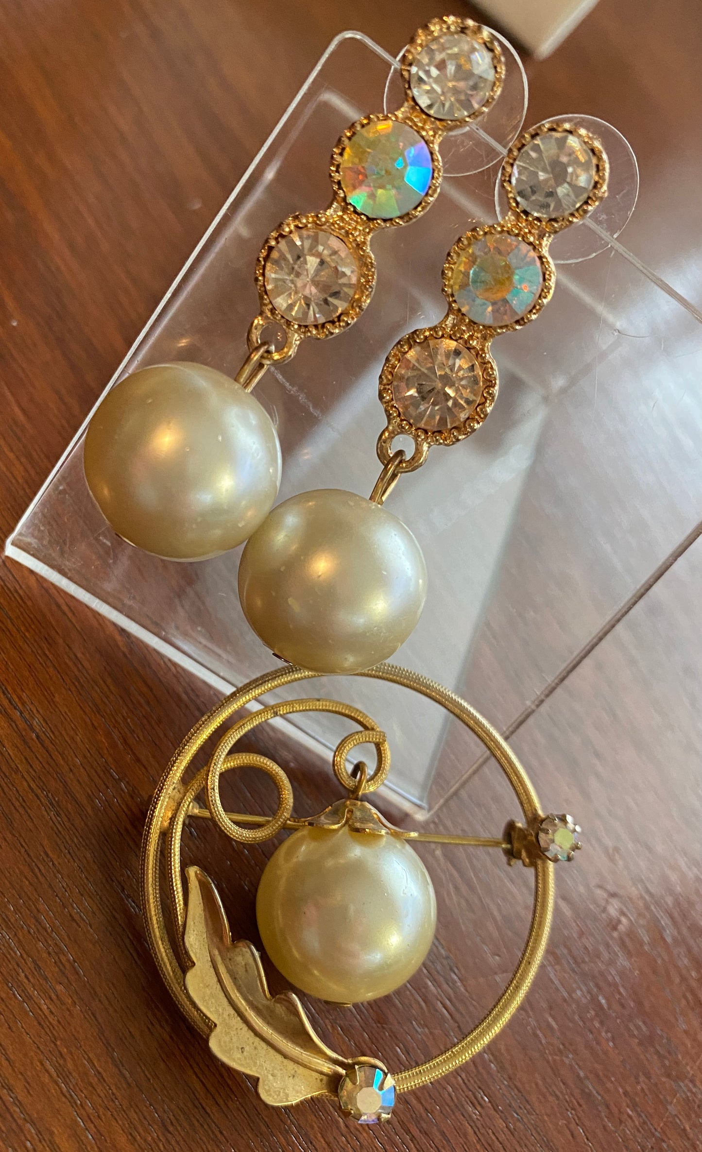 Vintage Faux Pearl AB Rhinestone Brooch and Earrings Set