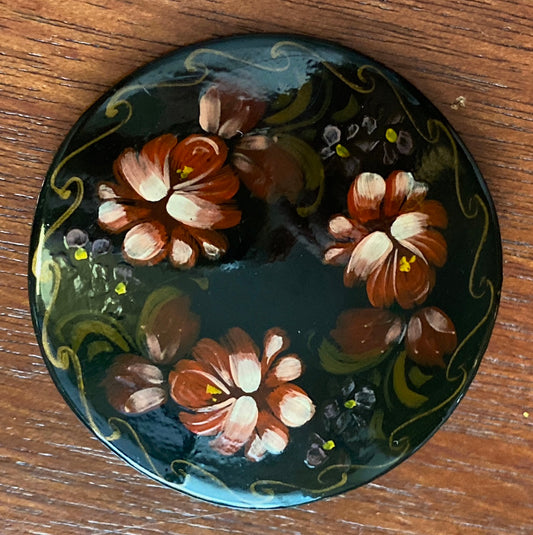 Vintage Hand Painted Black Lacquered Russian Brooch Pin Signed Large Round