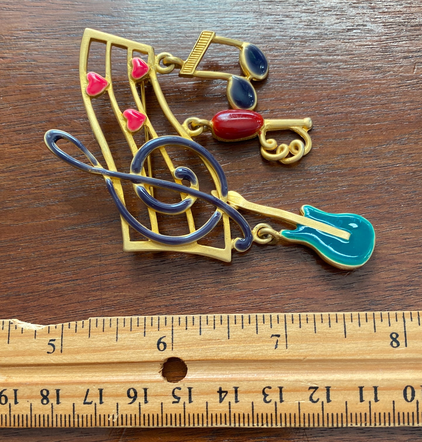 Vintage Large Brushed Gold Tone Enamel Music Theme Guitar Brooch Pin