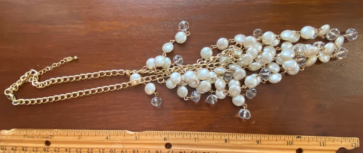 Gold Tone Metal Faux Pearl Bead Bib Collar Statement Necklace