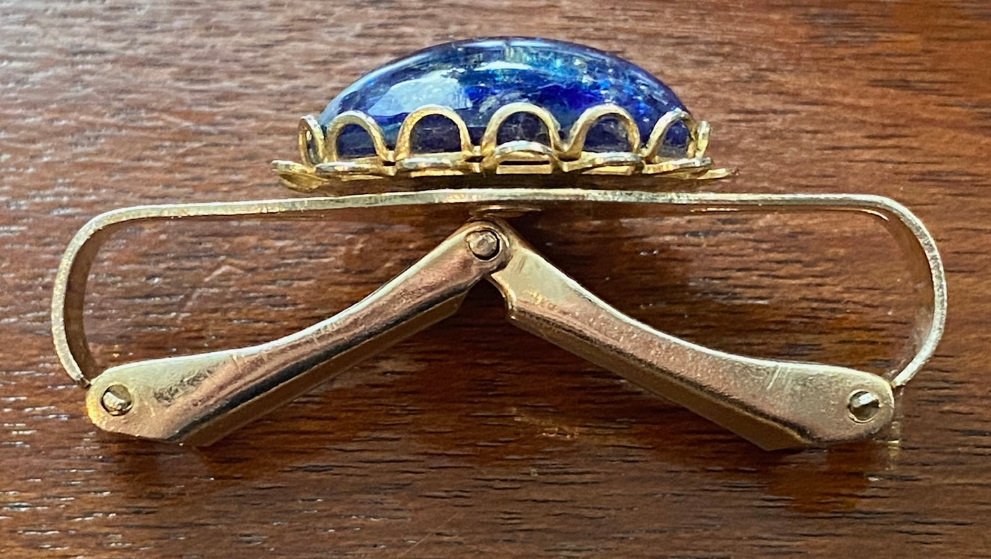 Vintage Blue Art Glass Scarf Clip Gold Tone