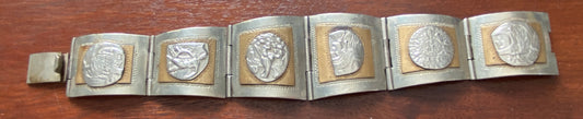 Vintage Taxco Mexico Sterling Silver Aztec Mayan Copper Panel Link Bracelet