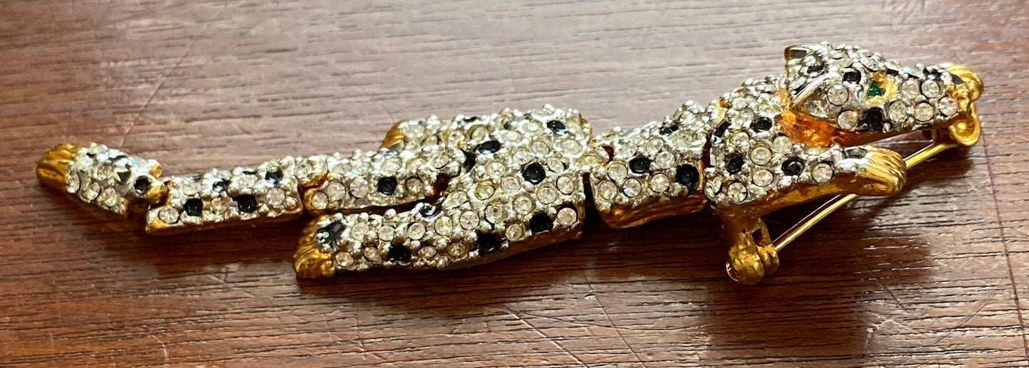 Vintage Green Eyes Rhinestone Leopard Articulated Brooch Pin
