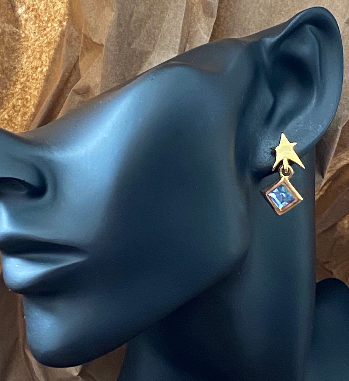 Vintage Gold Tone Star Blue Rhinestone Dangly Pierced Earrings