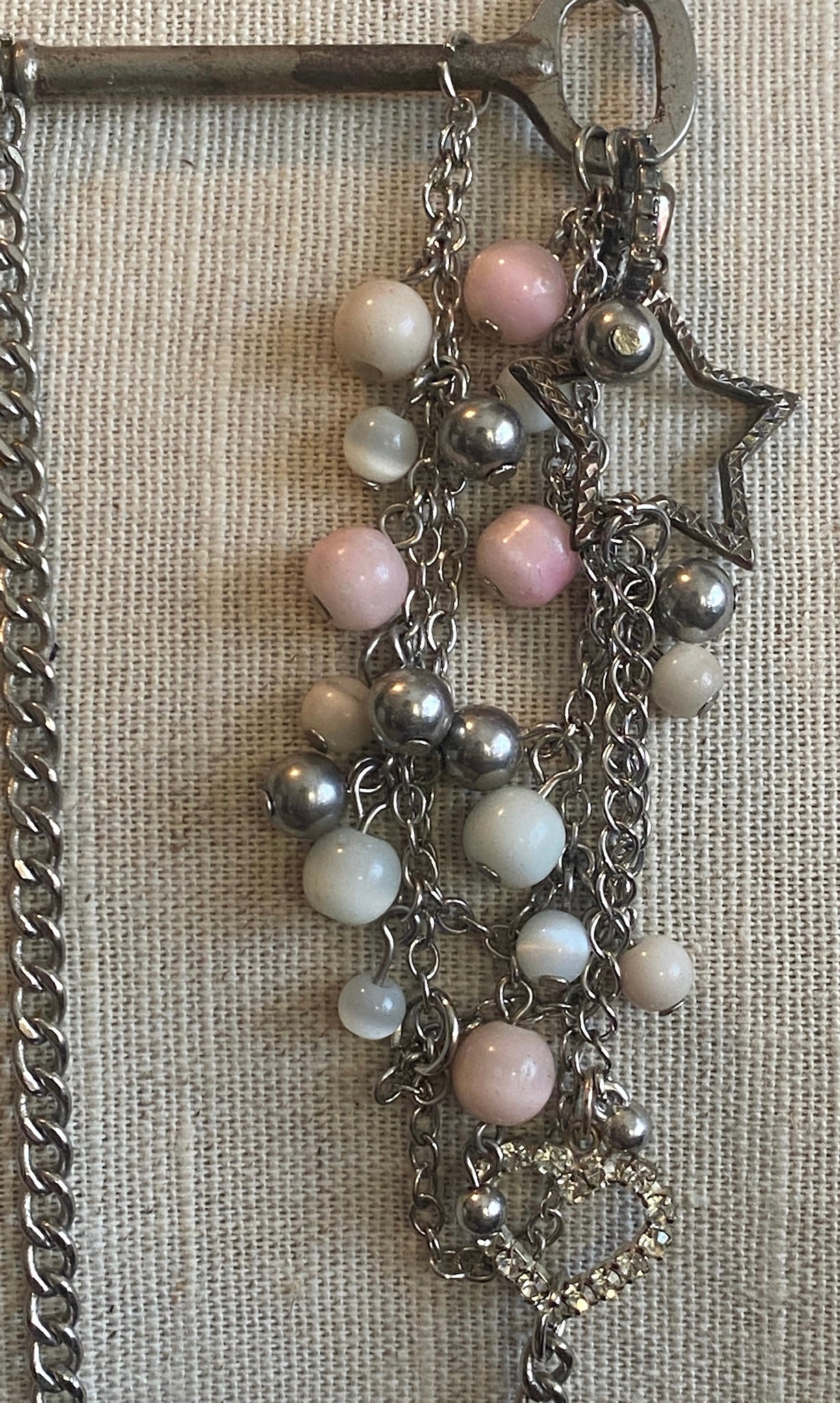 Silvertone Chain Bead Skeleton Key Star Heart Charm Necklace