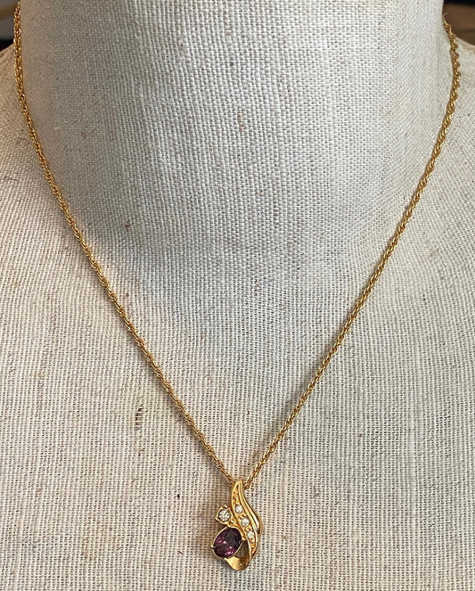 Vintage Avon Gold Tone Chain Link Necklace Purple CZ Pendant