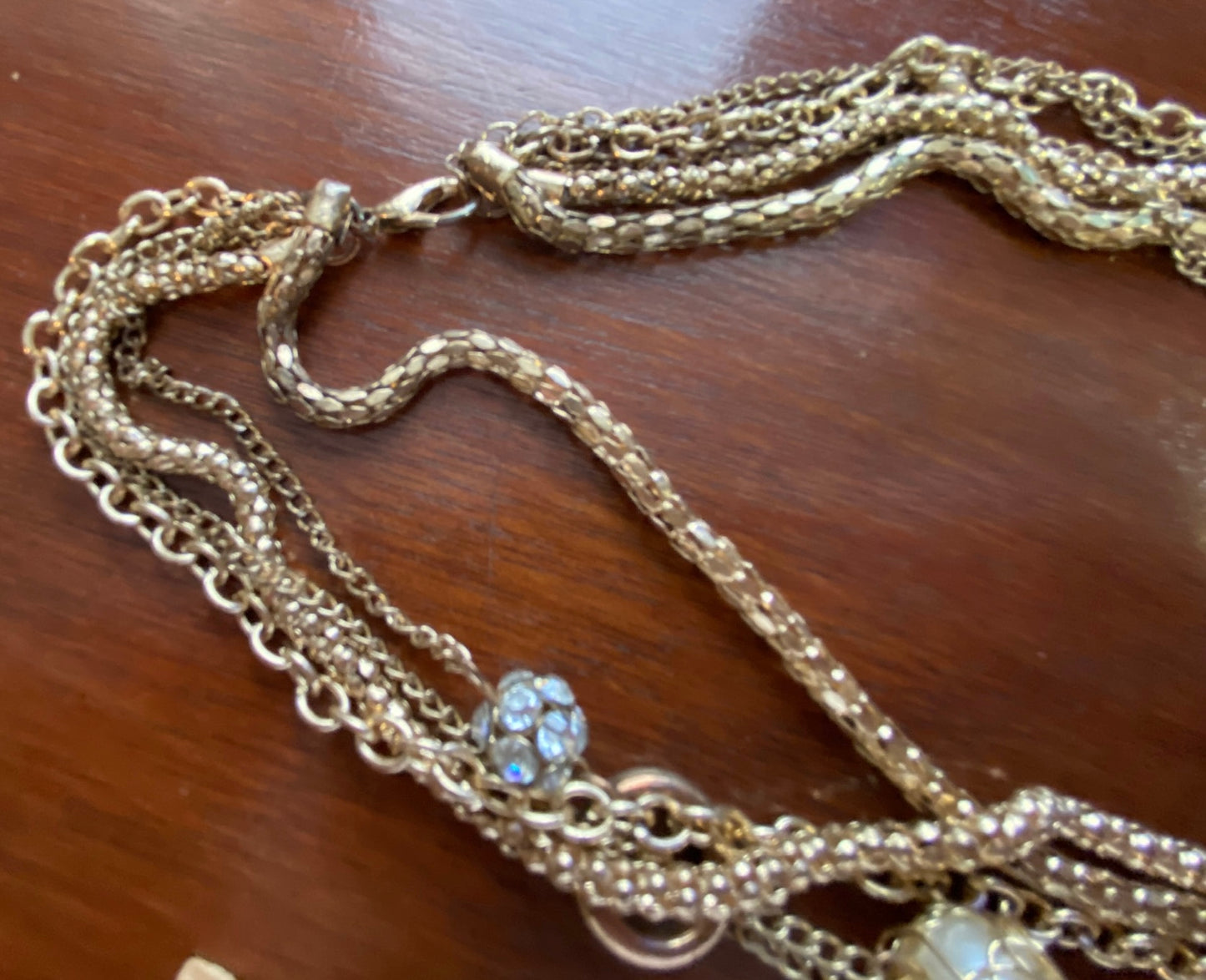 Vintage Multistrand Rhinestone Mesh Faux Pearl Cage Gold Tone Necklace