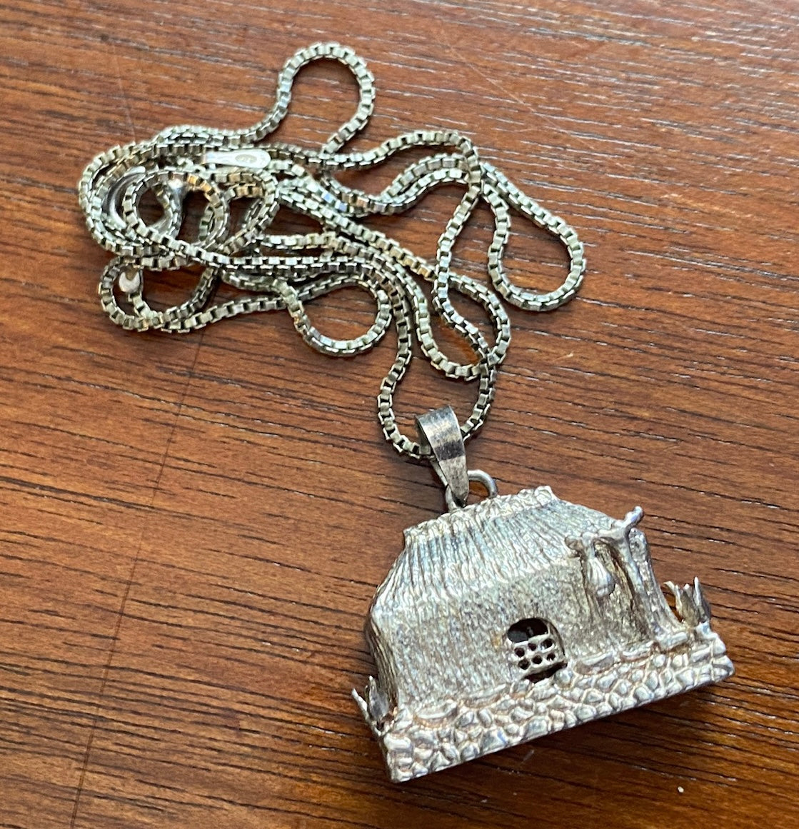 Sterling Silver Box Chain and Cabin Pendant Necklace Signed