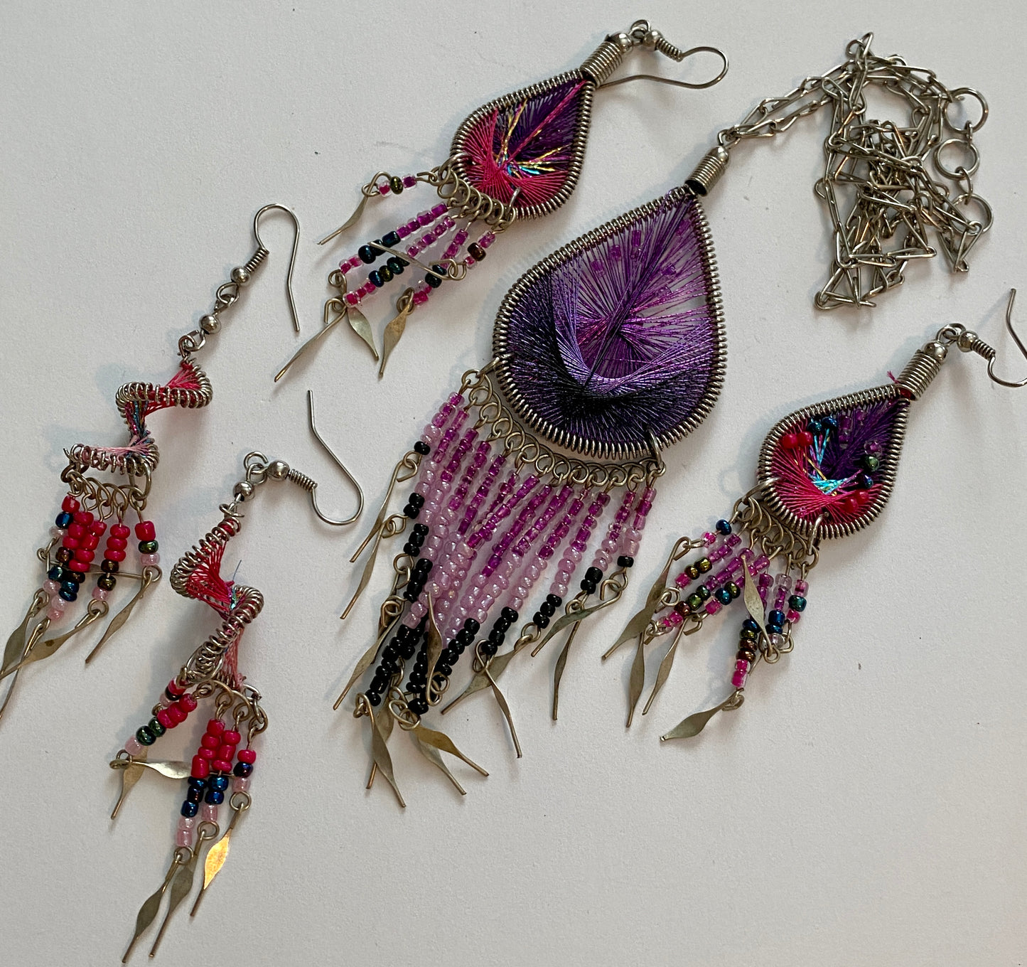 Feather Style Wire Bead Necklace Earrings Set Tassel Dangle