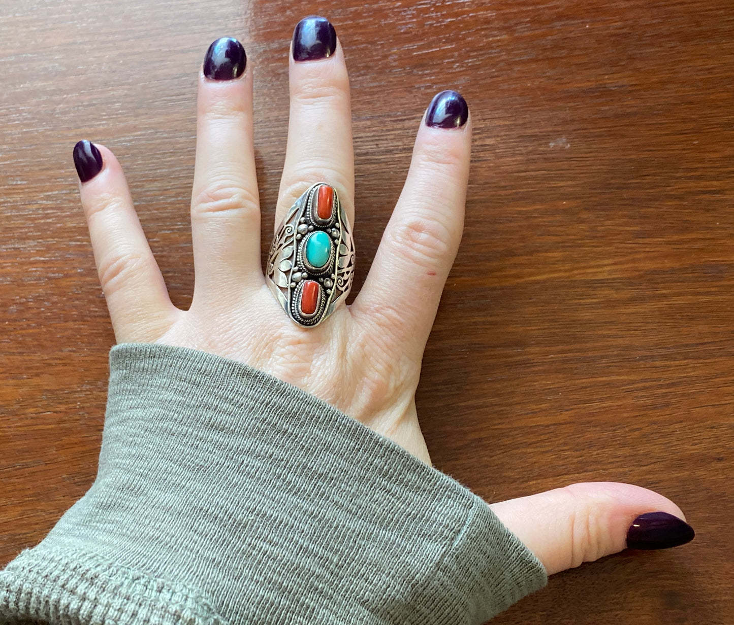 Sterling Silver 925 Turquoise Red Coral Statement Open Work Ring Sz 10.25