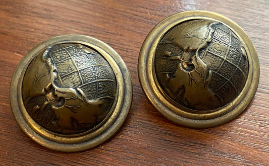 Vintage Bronze Tone Metal Globe Atlas Large Clip on Earrings