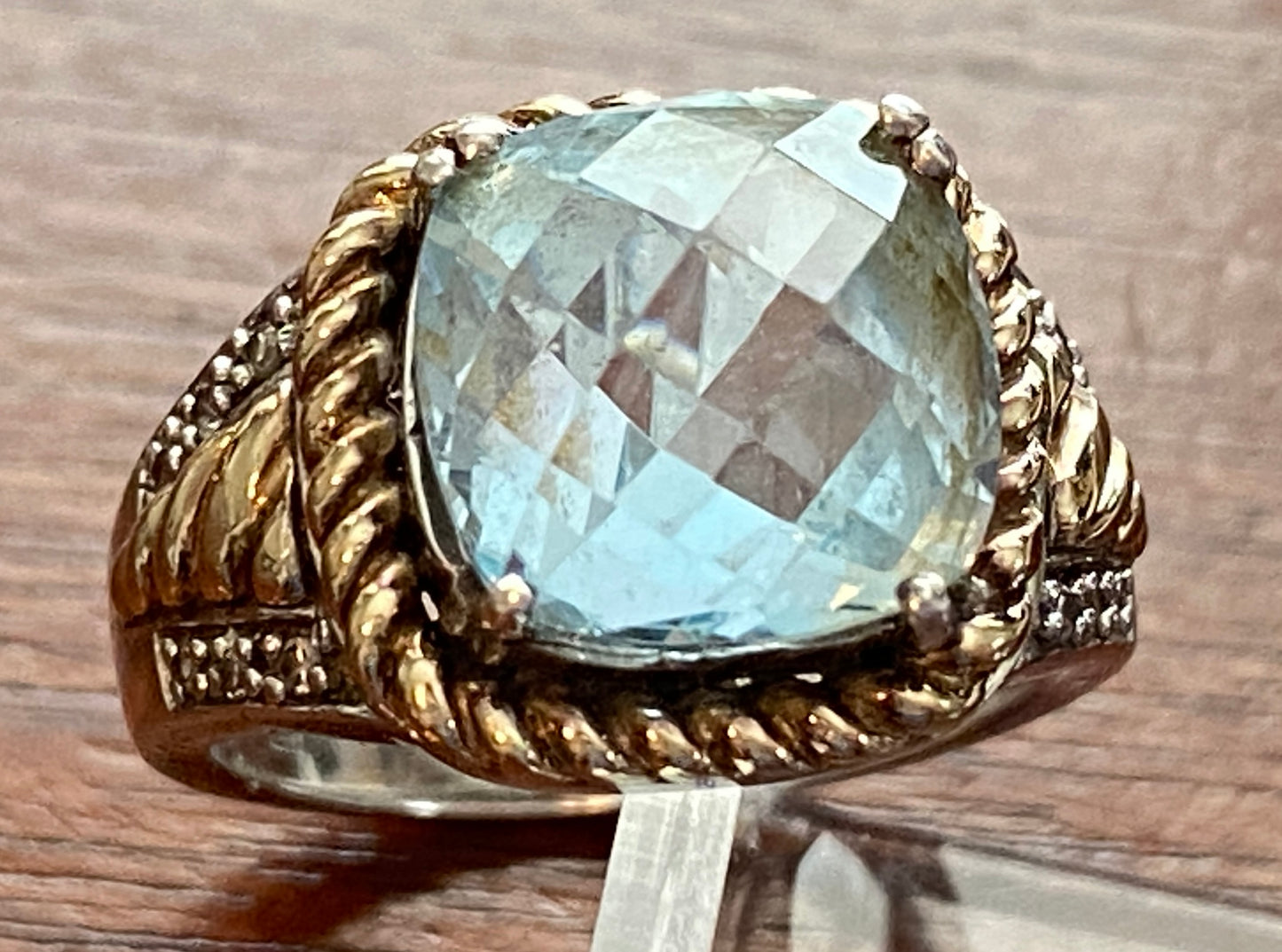 Sterling Silver 925 14k Yellow Gold Blue Topaz Diamond Ring Sz 5.25