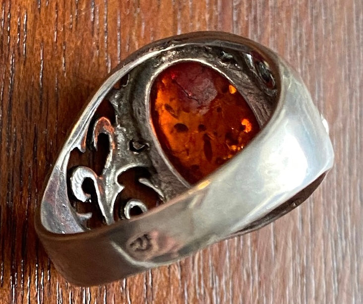 Sterling Silver 925 Amber Cabochon Sz 8.5 Ring Filigree Design Shank