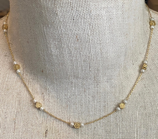 Claire's Gold Tone Chain Rose Pearl Bead Collar Necklace