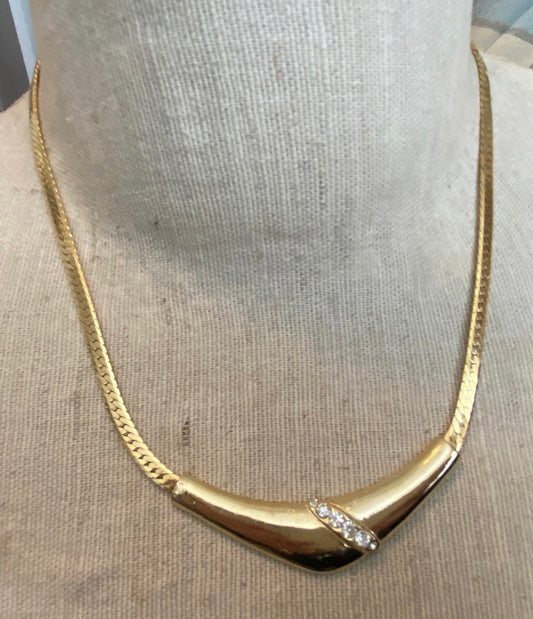 Vintage Gold Tone Herringbone Chain Rhinestone Collar Necklace