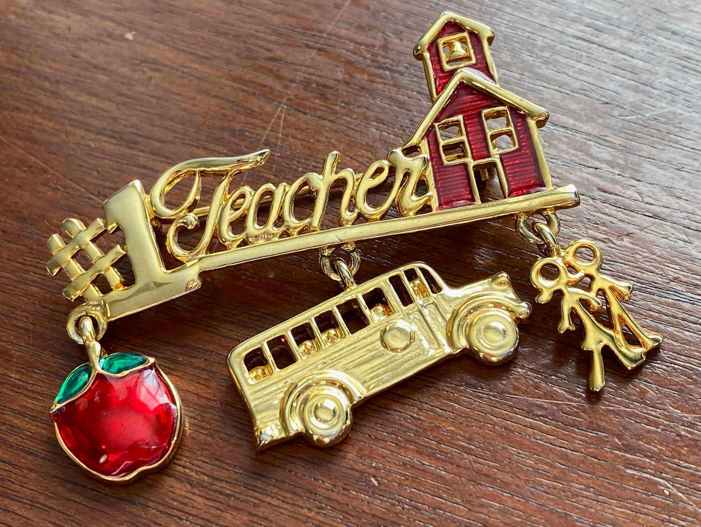 Vintage Signed Danecraft Teacher School Enamel Gold Tone Brooch