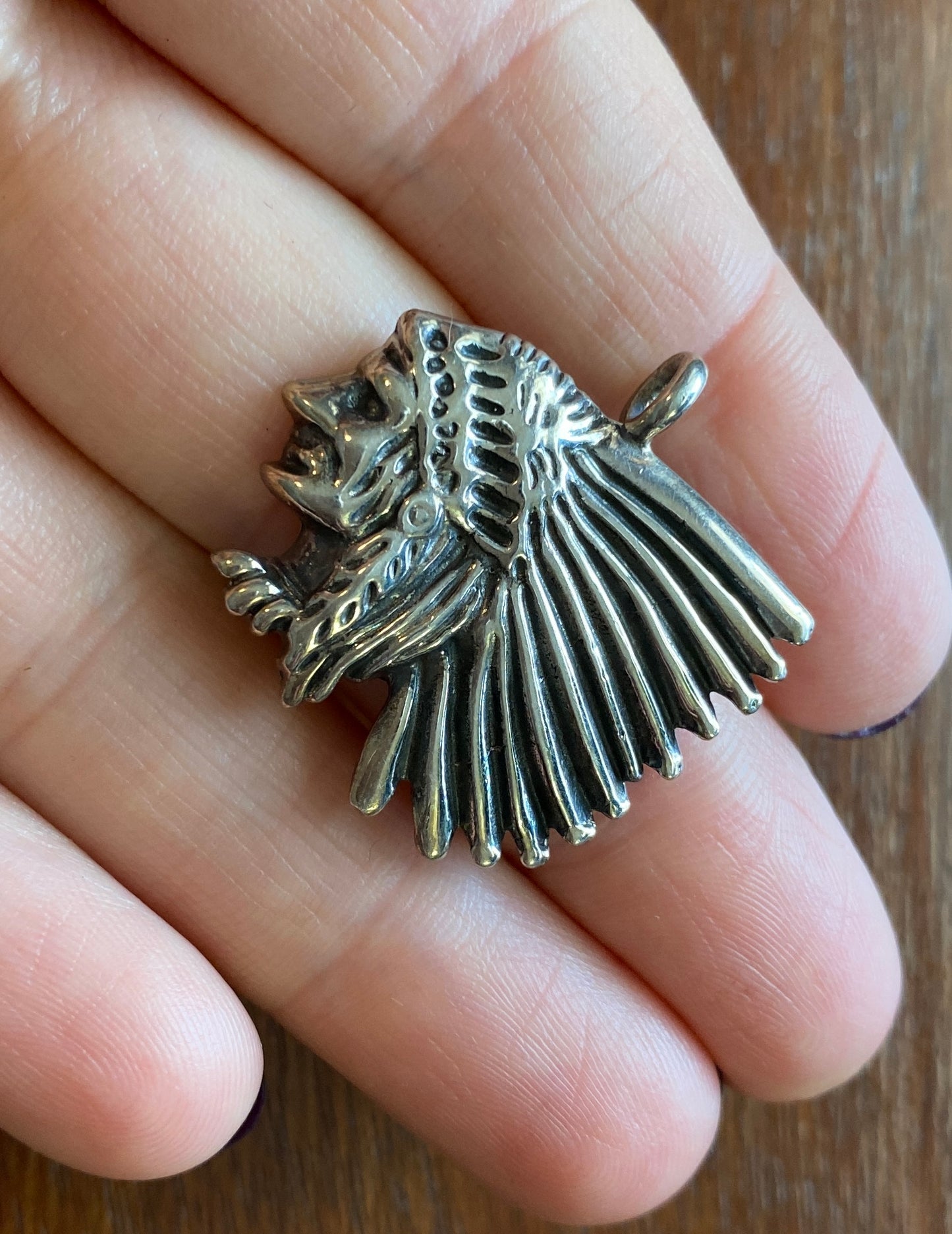 Signed Sterling Silver Indian Head Chief Necklace Pendant