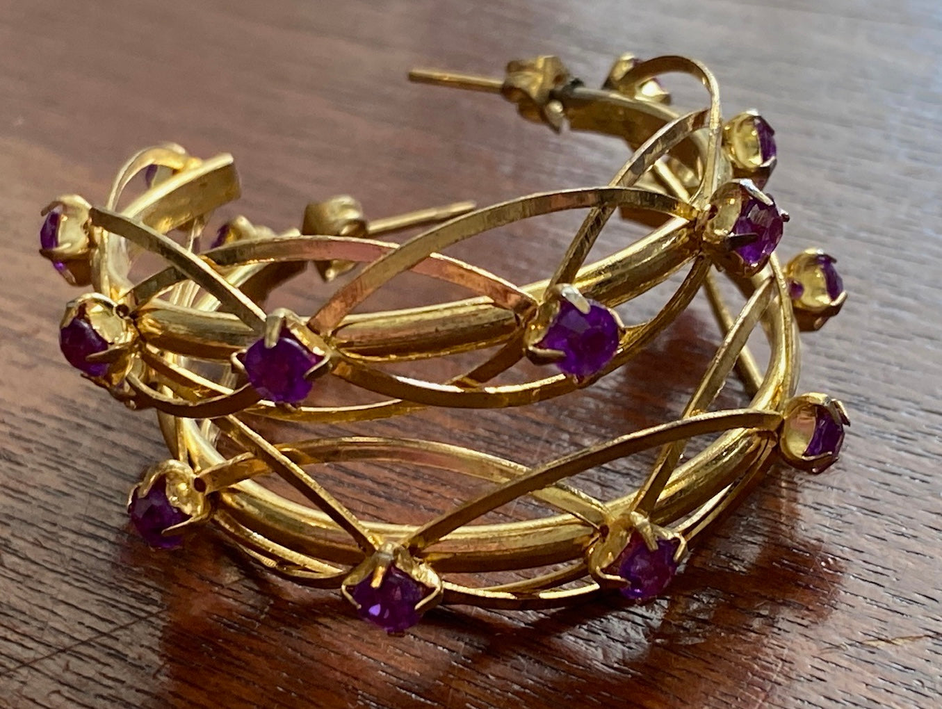 Vintage 80's Gold Tone Purple Rhinestone Hoop Pierced Earrings