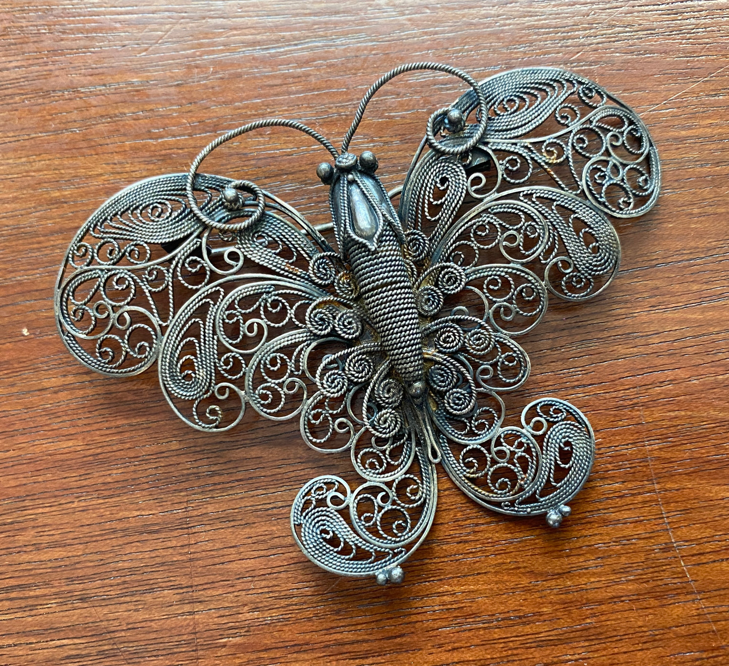 Vintage 975 Silver Signed Hua Chanc Wire Filigree Moth Butterfly Brooch Pin