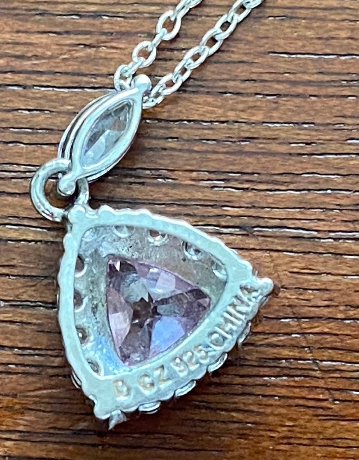 Sterling Silver 925 Chain Pendant Necklace Trillion Cut Pink Clear Round CZ