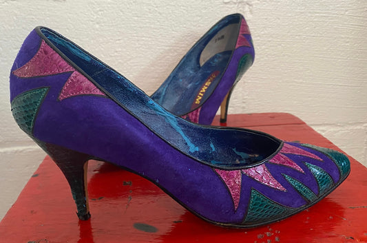 Vintage 80's Jasmin Purple Suede Snakeskin Leather High Heel Pumps Sz 7.5B
