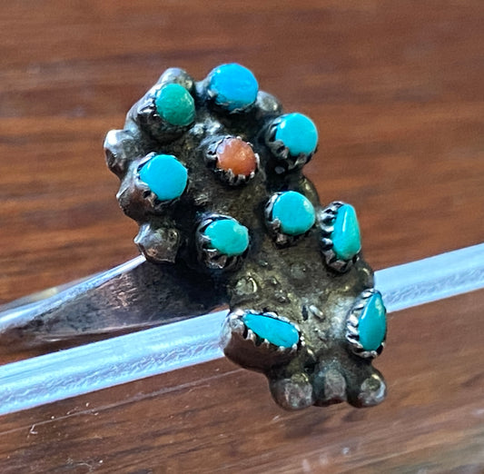 Vintage Old Pawn Silver Turquoise Coral Ring Sz 7 Needle Point