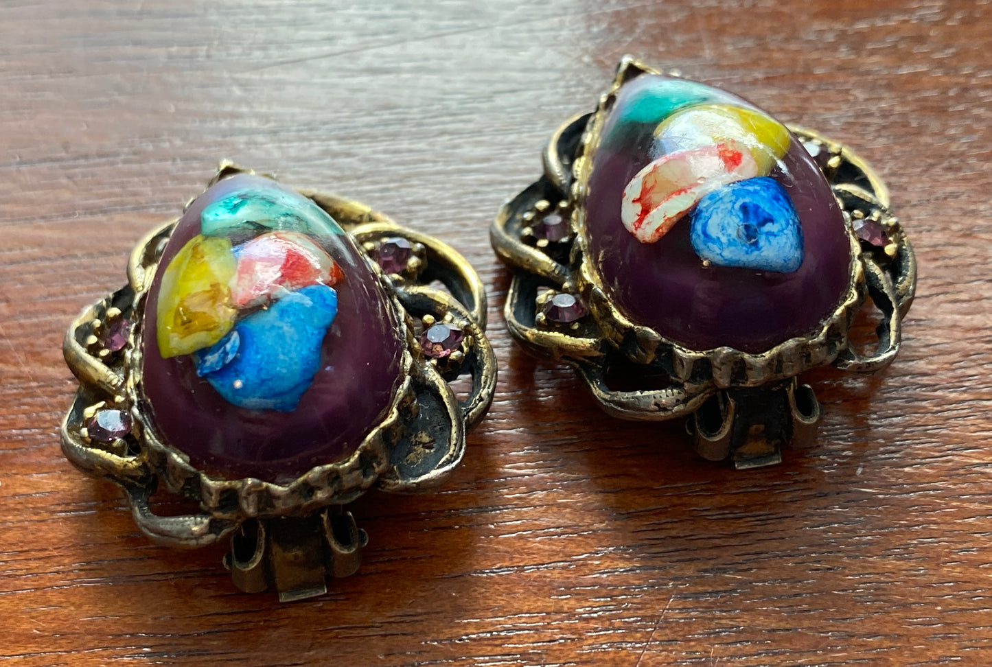 Vintage 80's Large Colorful Rhinestone Resin Confetti Clip on Earrings