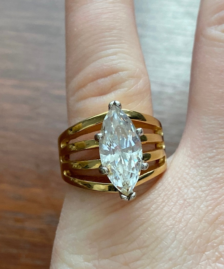 14k HGE Marquise CZ Solitaire Cocktail Ring Sz 6.5