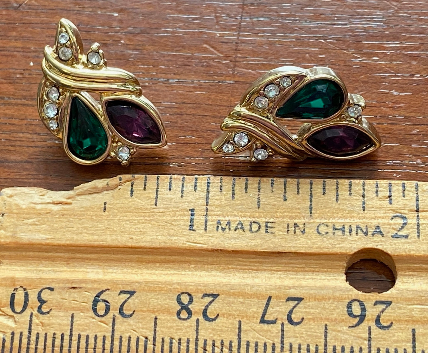 Vintage Gold Tone Green Purple White Rhinestone Jeweled Pierced Earrings