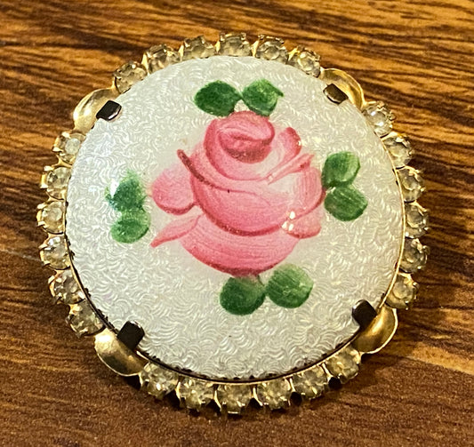 Vintage Gold Tone Guilloche Enamel Rose Painted Rhinestone Brooch Pin