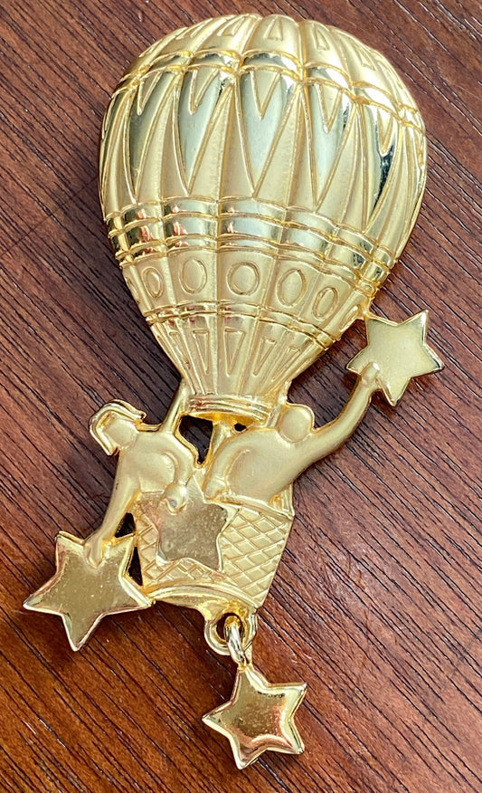 Vintage JJ Two Tone Gold Hot Air Balloon Stars Large Brooch Pin