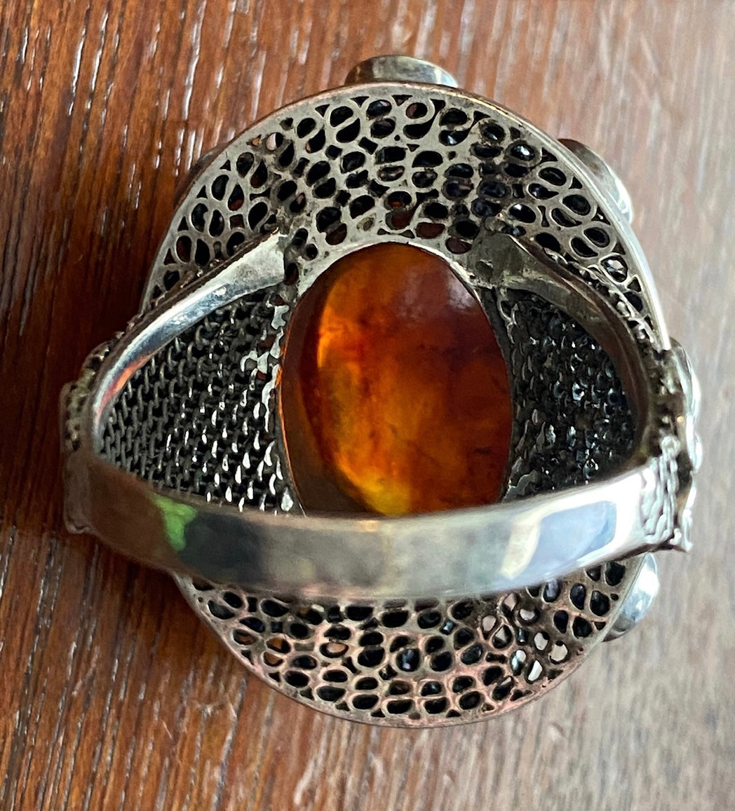 Sterling Silver 925 Amber Cabochon Amethyst Statement Ring Sz 10 Signed BJ