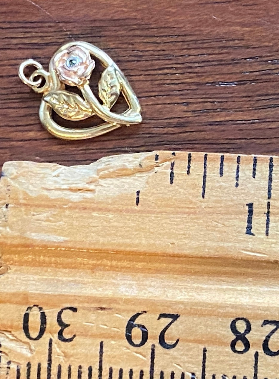 14k Yellow Rose Gold Diamond Chip Heart Rose Charm Pendant