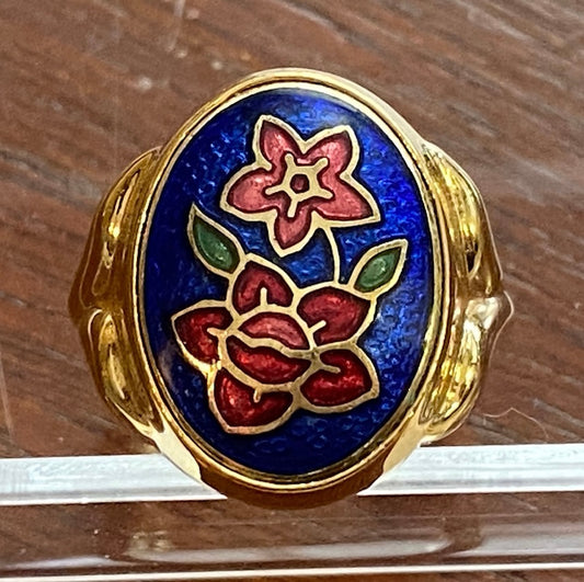 Vintage Cloisonne Enamel Flower Gold Tone Signed Ring Sz 5