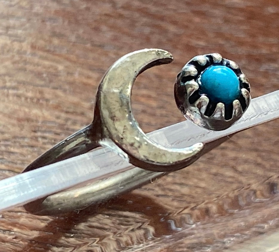 Silver Turquoise Moon Open Design Ring Sz 4.5