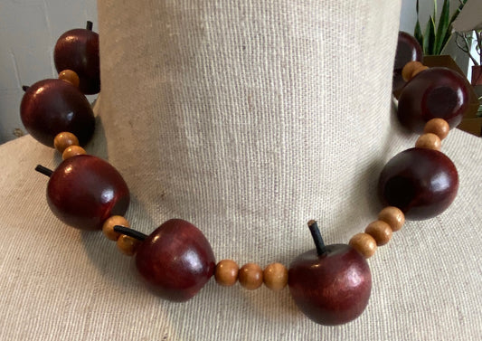 Vintage Wood Bead Apple Adjustable Collar Necklace