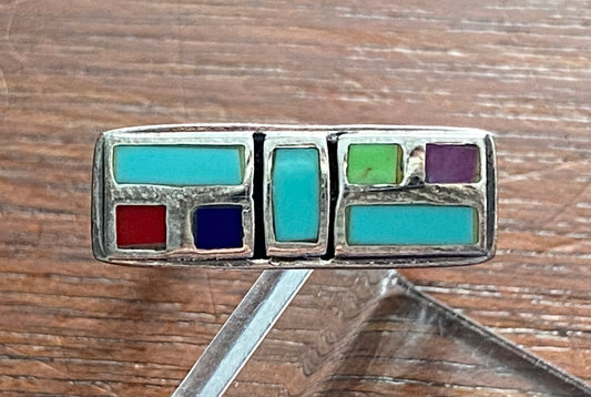 Sterling Silver 925 Turquoise Coral Inlay Modern Style Ring Sz 7.75