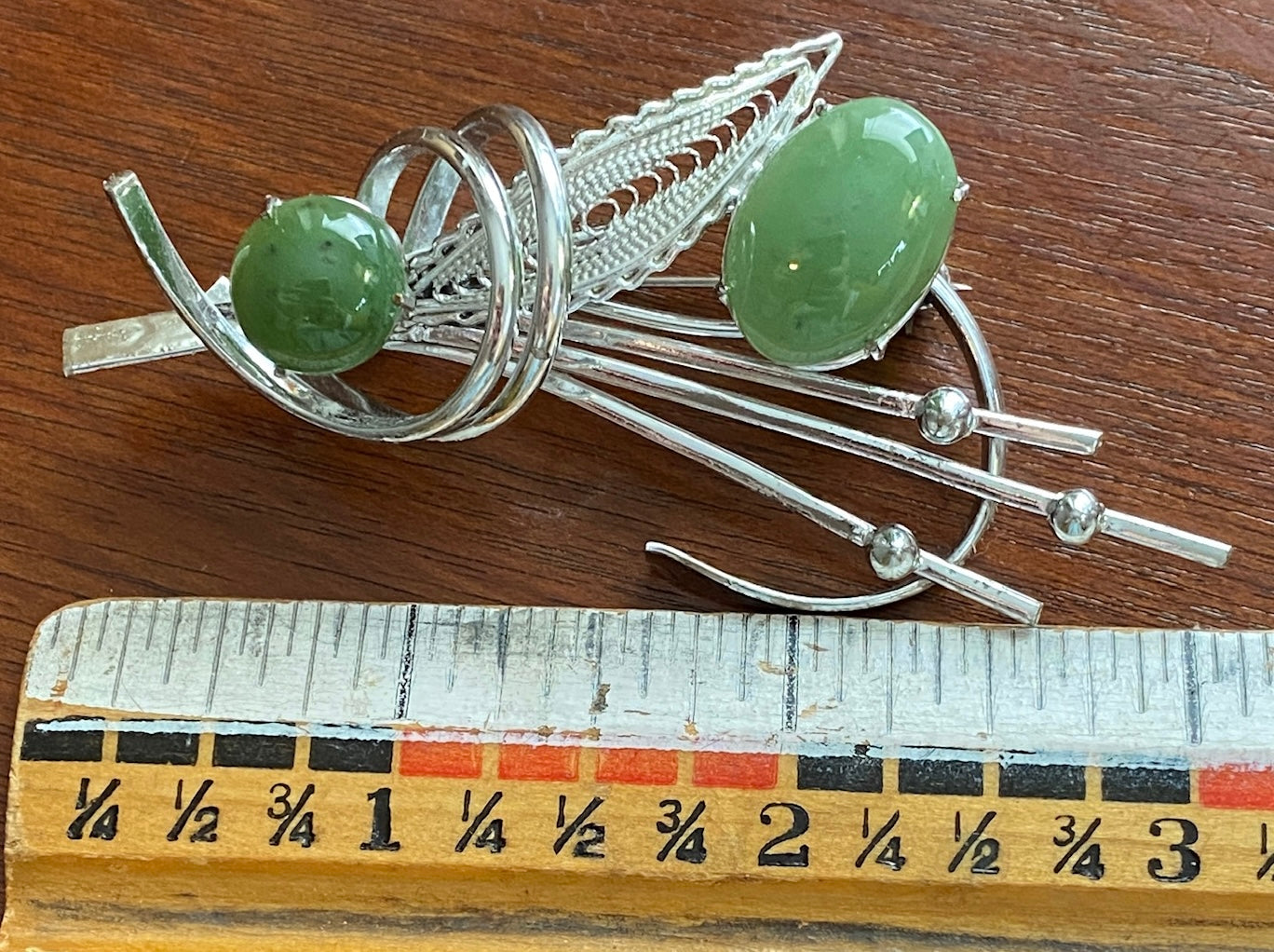 Silver Tone Metal Faux Jade Cabochon Flower Floral Brooch Pin