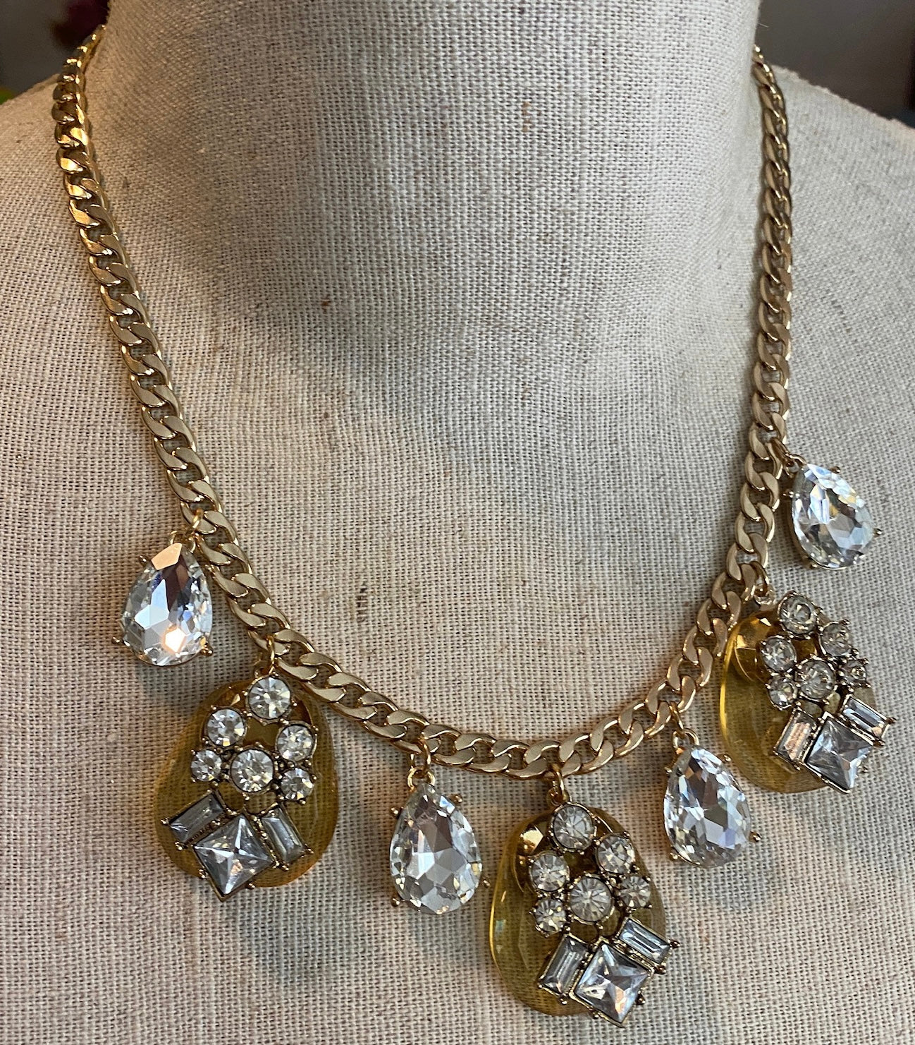 Gold Tone Metal Chain Rhinestone Statement Pageant Collar Necklace