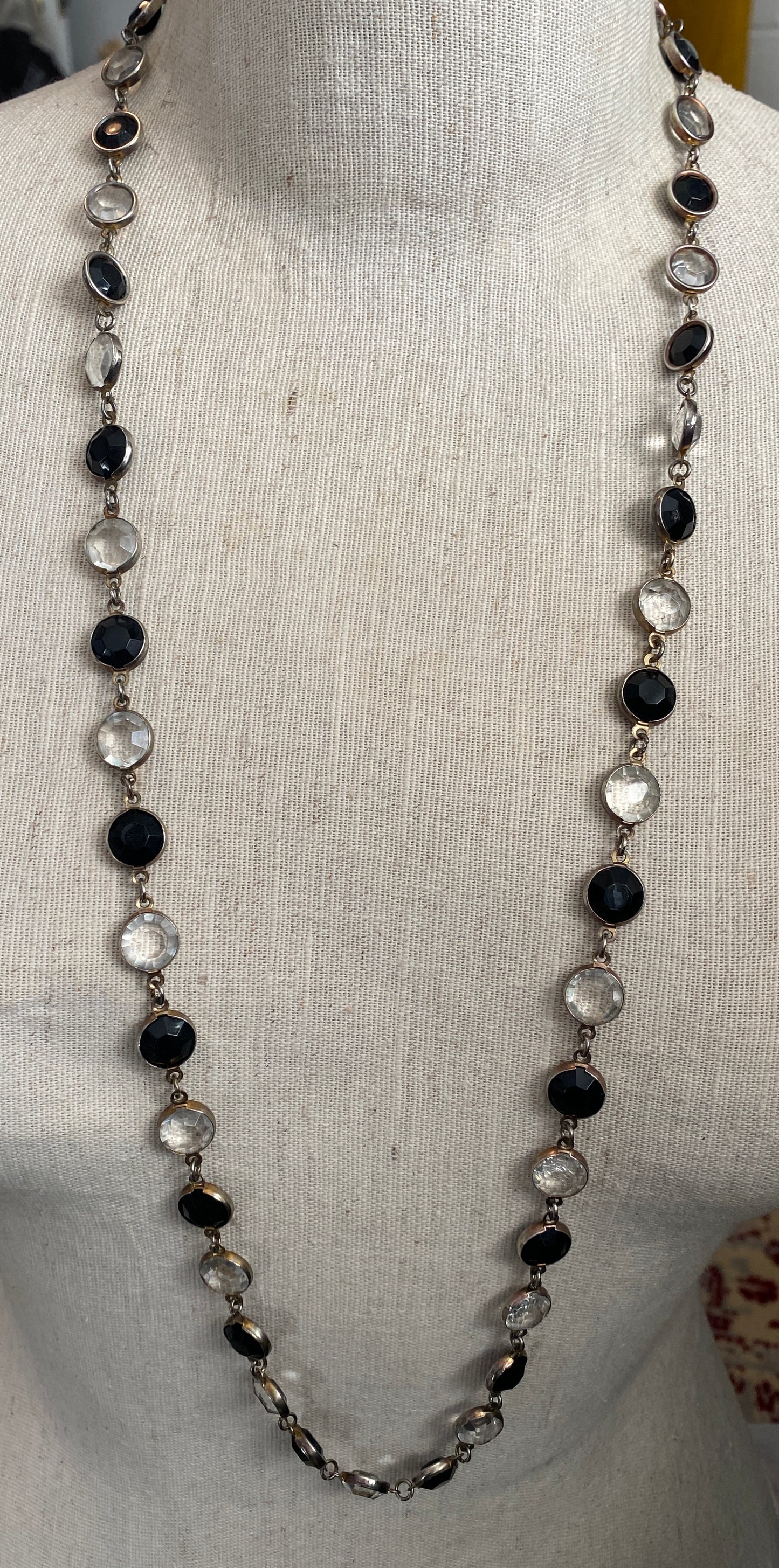 Vintage Silver Tone Metal Black Clear Open Bezel Long Chain Necklace