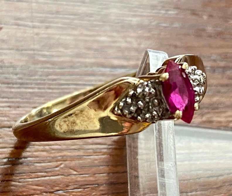 10k Yellow Gold Marquise Ruby Diamond Bow Tie Style Ring Sz 8.5