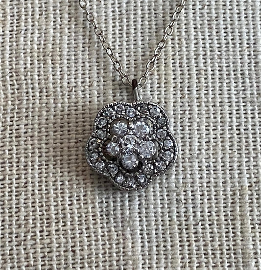 Sterling Silver Chain Link Necklace w Cluster Flower CZ Pendant