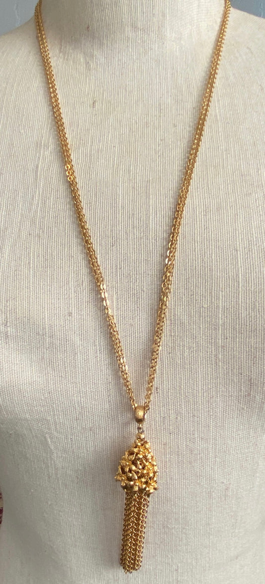 Vintage Monet Tassel Gold Tone Metal Floral Chain Necklace Multistrand