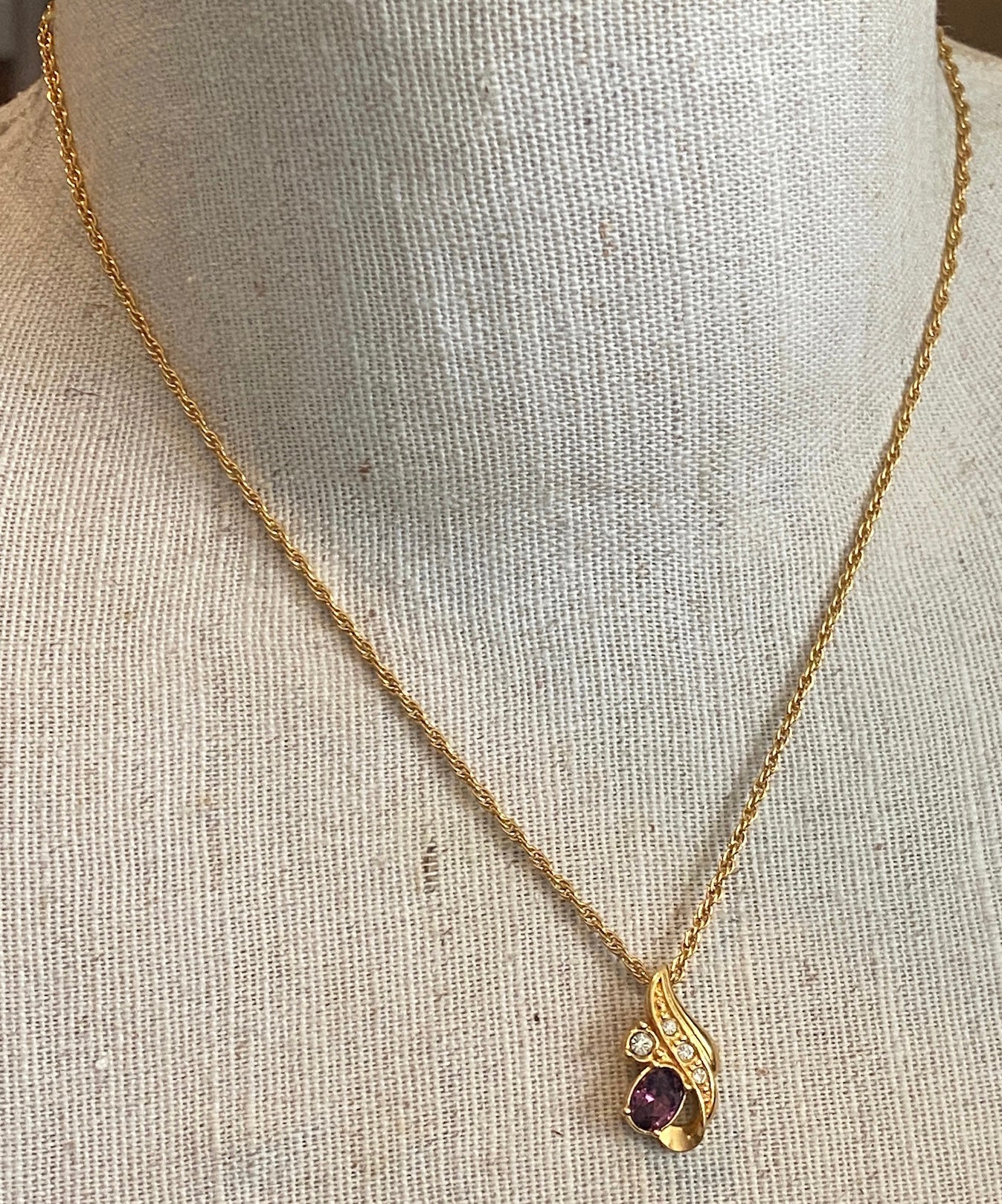 Vintage Avon Gold Tone Chain Link Necklace Purple CZ Pendant