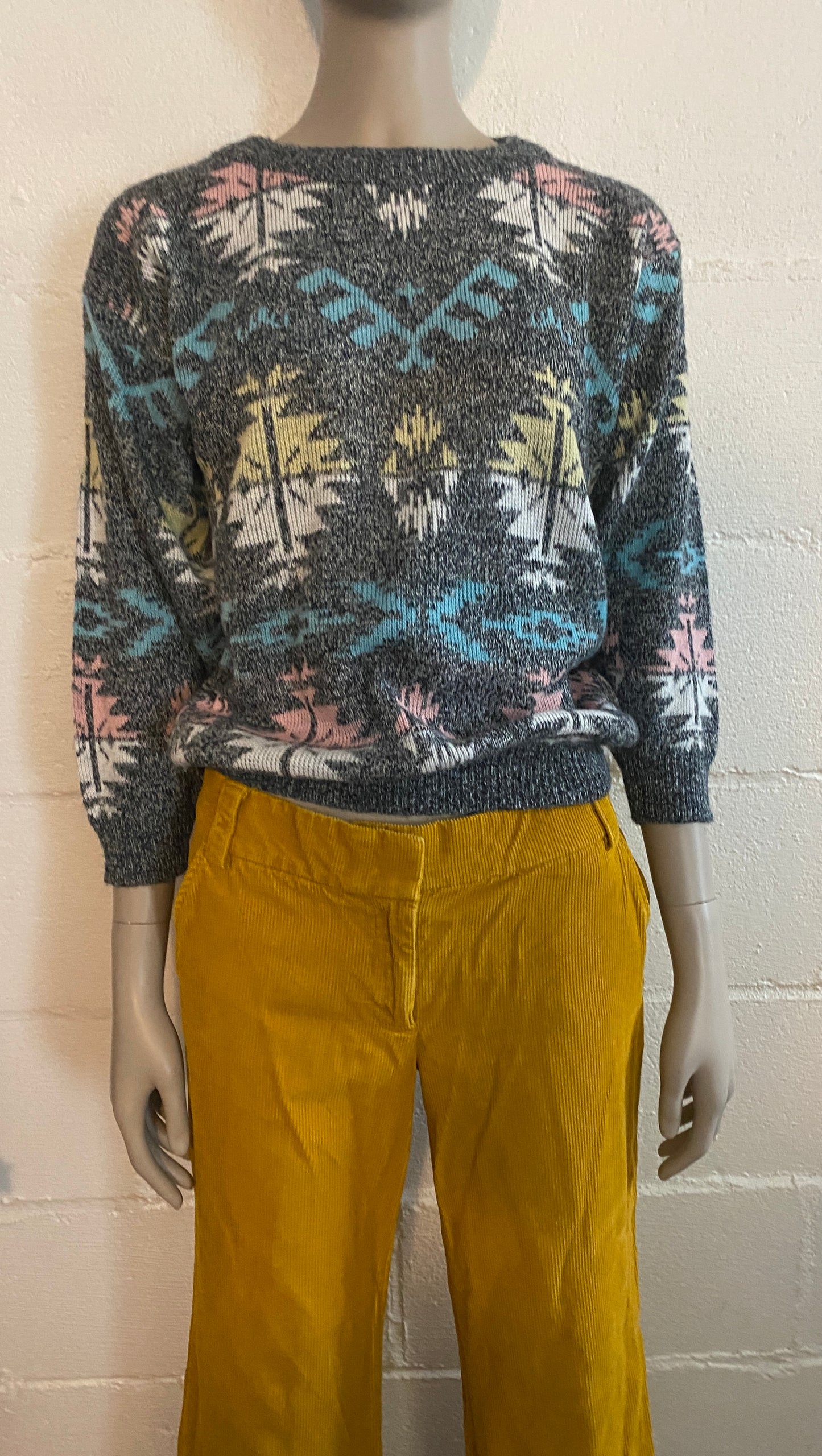 Vintage 80's Justin Allen Geometric Pastel Sweater Sz S/M Acrylic Pullover Knit