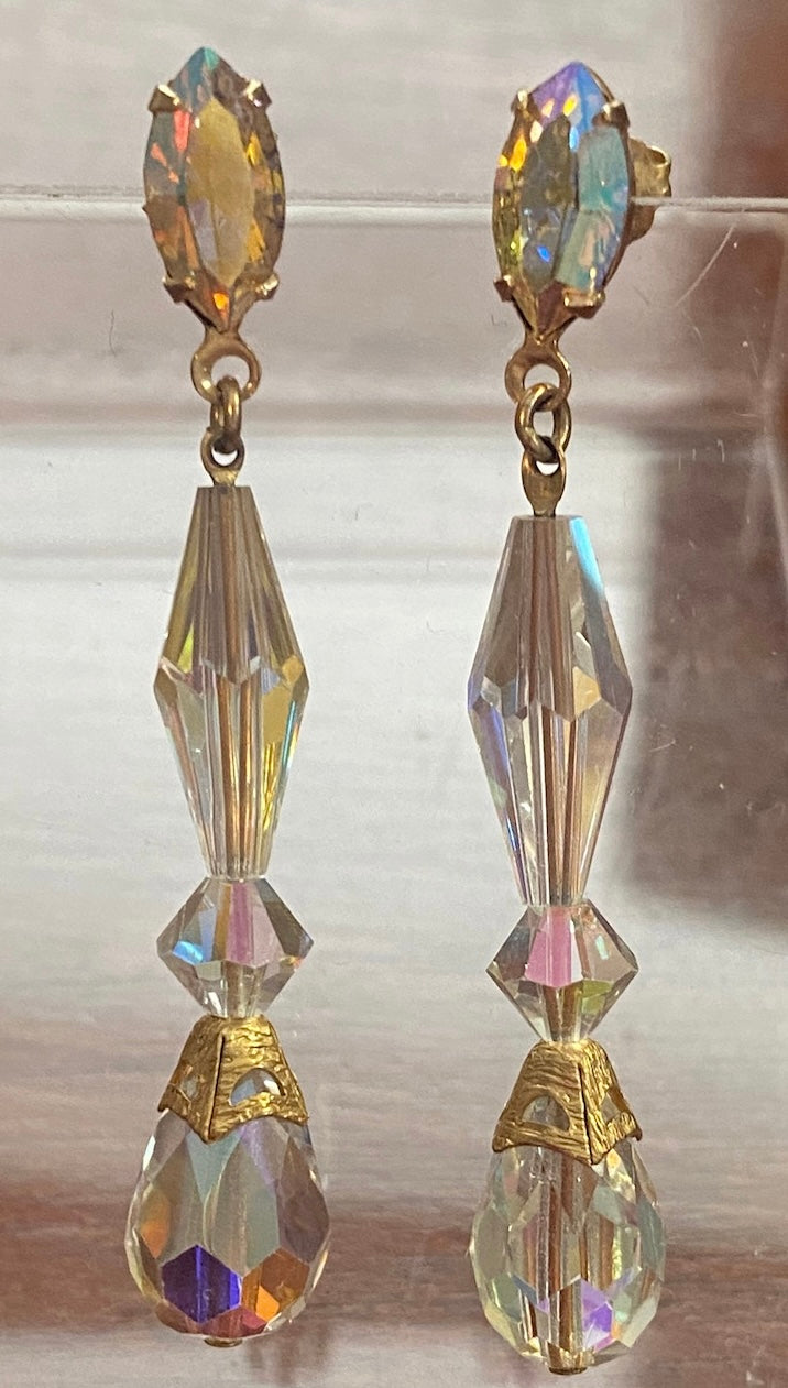 Vintage Style Gold Tone Aurora Borealis AB Glass Dangly Drop Pierced Earrings