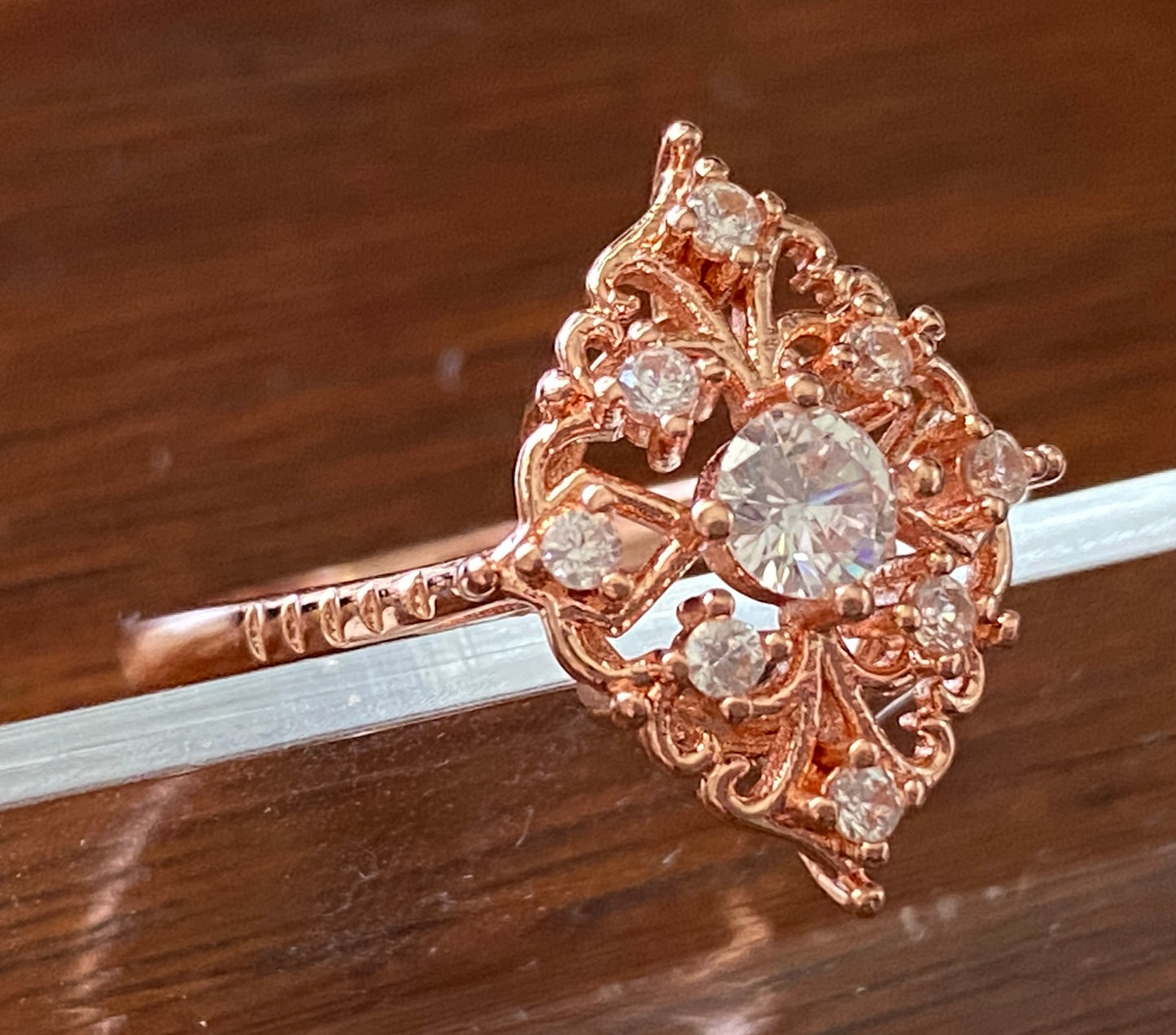 Rose Gold Plate Sterling Silver vintage Style CZ Ring Sz 9