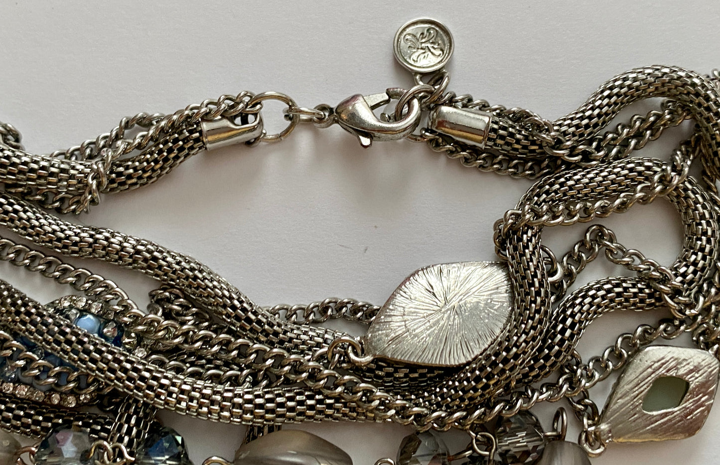 Vintage Long Silver Tone Metal Mesh Layered Rhinestone Bead Necklace