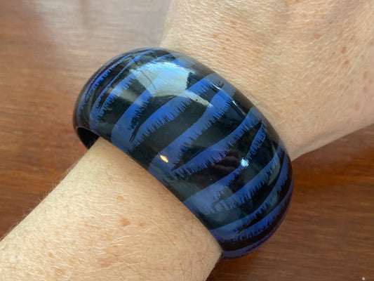 Vintage Wood Painted Blue Zebra Print Wide Domed Bangle Made in India