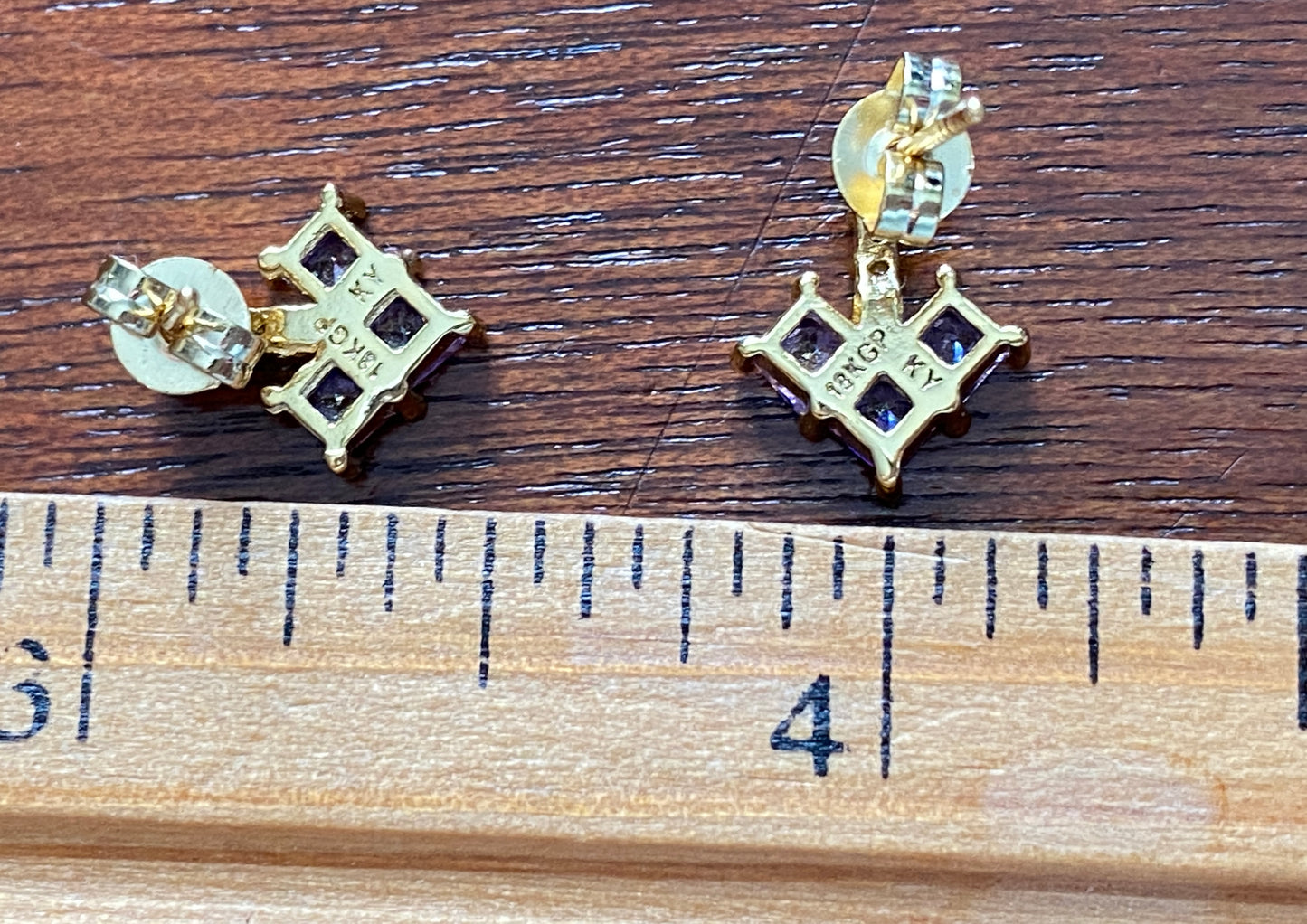 18k Yellow Gold Plate Heart Shaped Purple White Rhinestone Pierced Earrings